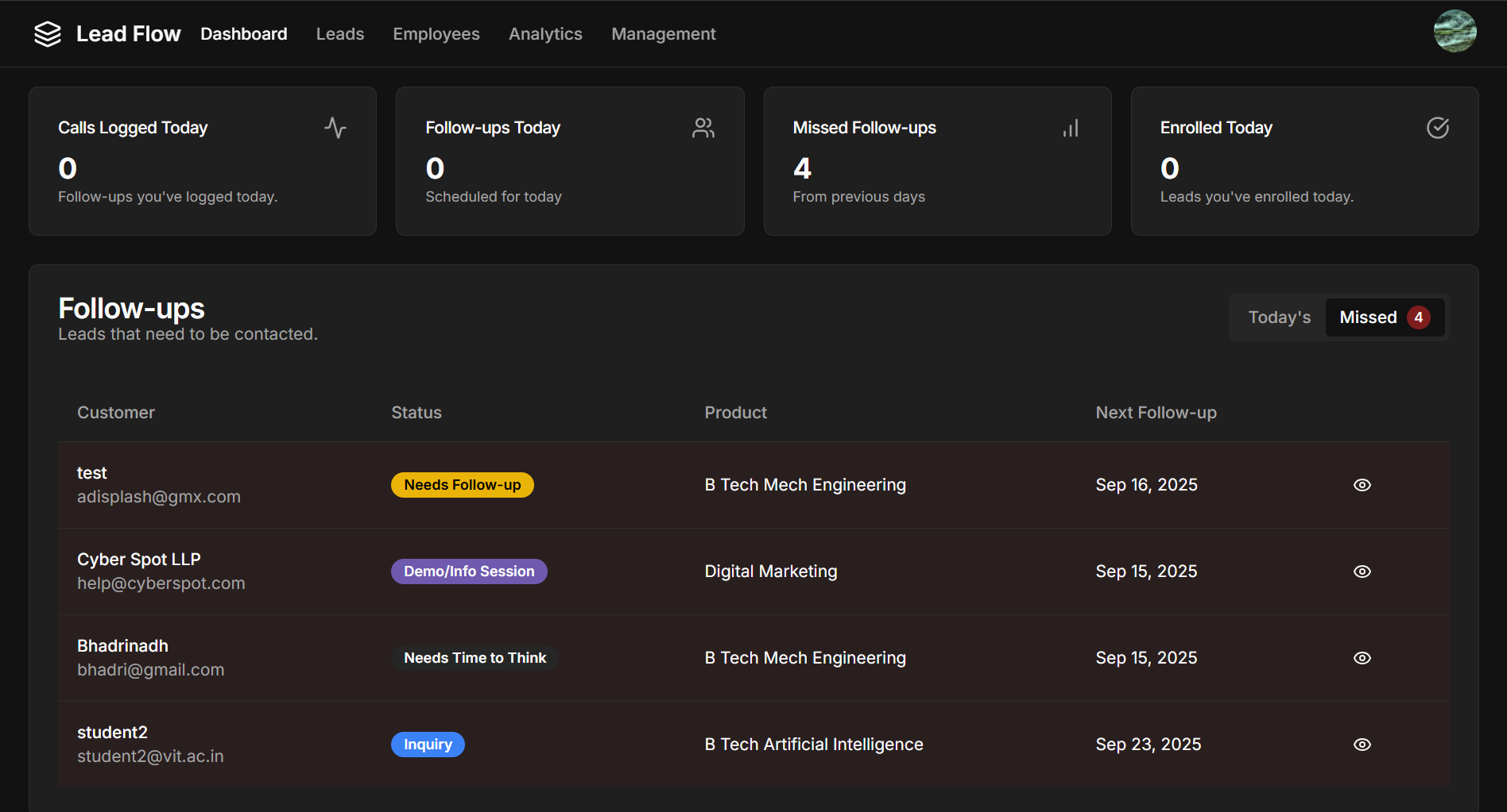 Dashboard for users