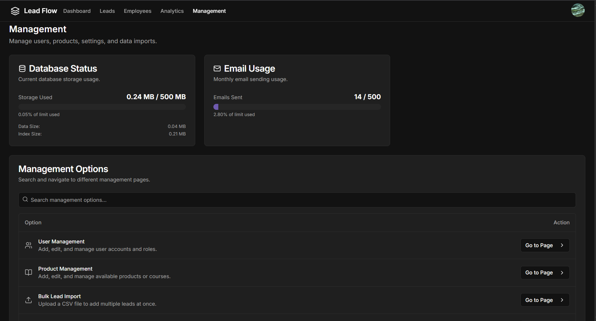 Settings page