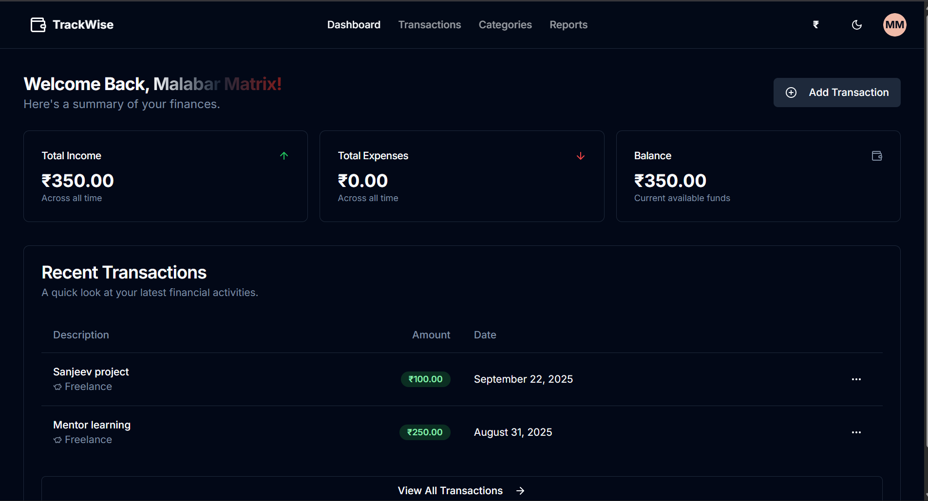 Dashboard for users